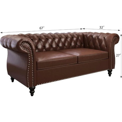 2-piece Living Room Set, Chesterfield Leather Double Sofa with Scroll Armrests and Nail Heads