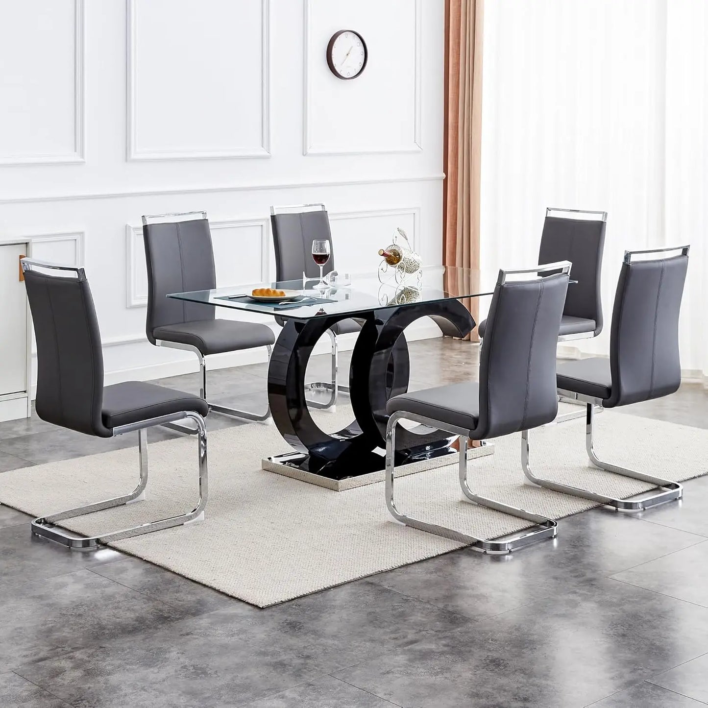 Glass Dining Table Set for 6 ,7 Piece Dining Table Set,Tempered Glass Table Top,PU Leather Ergonomic Dining Chairs Easy Assembly