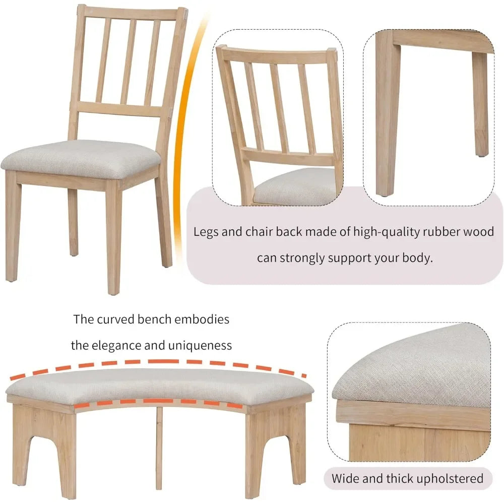 5-Piece Dining Table Set with Curved Bench & 3 Chairs Retro Round Dining Table Set