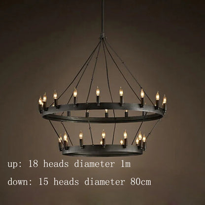 Modern American Retro Iron Pendant Lamp Vintage Industrial Led Droplight Round Cafe Restaurant Bar Knight Candle Chandelier
