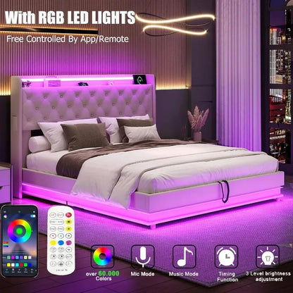 Bed Frame with Charging Station & Led Lights, Upholstered Platform Bed with Button Tufted Wingback Storage Headboard