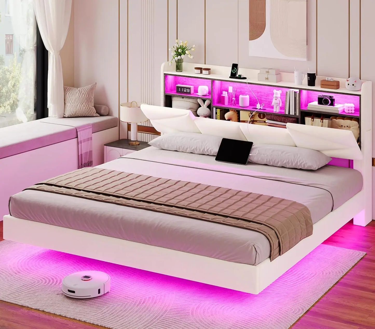 Bed Frame, with Storage Headboard and Power Outlet, Floating Platform Bed with LED Lights, Wood Slats Support, Bedroom Bed
