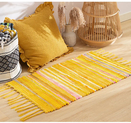 Cotton Tassel Carpet Rug Handmade Bedroom Rug Bedside Floor Mat Entrance Doormat Stripe Kitchen Mat Machine Washable Bath Rug