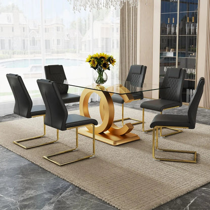 Dining Table Set for 6,Glass Table Top and MDF Base，Rectangular Dining Room Table with 6 PU Leather Upholstered Dining Chairs