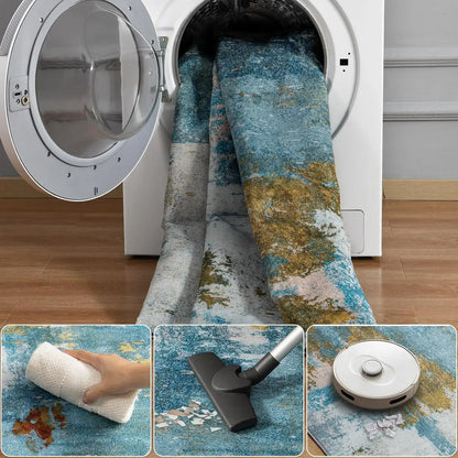 Area Rugs for Living Room, Machine Washable Vintage Rug, Non-Slip Low Pile Throw Rugs with Rubber Backing Washable Carpet