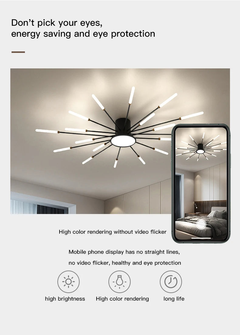 Led Firework Chandelier Dimmable For Living Room Bedroom Milk Yellow Ceiling Chandelier Dining Room LED Ceiling Lamp With Remote