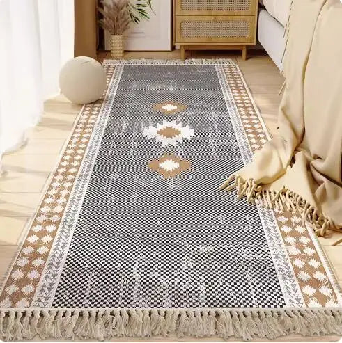 Morocco Bedroom Living Room Bedside Carpet Floor Mat Floral Kilim Cotton Linen Rectangular Rug Persian Tassel Carpet Tapis