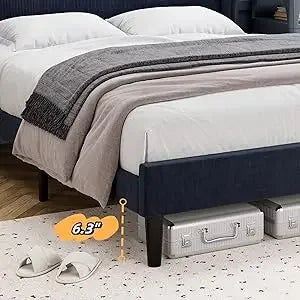 Bed Frame with Wingback & 2 Storage Pockets,  Upholstered Headboard, Solid Wood Slats Support, Velvet Platform Beds Bedroom