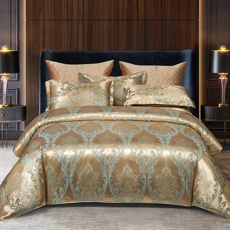 Floral Jacquard Satin Duvet Cover Set Queen 3 Piece Luxury Silk Like Bedding Comforter Covers with Zipper Closure & Corner Ties