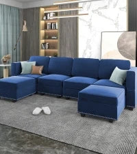 Modular Sectional Sofa with Chaise, Convertible Oversize L Shaped Couch with Reversible Ottoman,Linen 6 Seater Free Combination