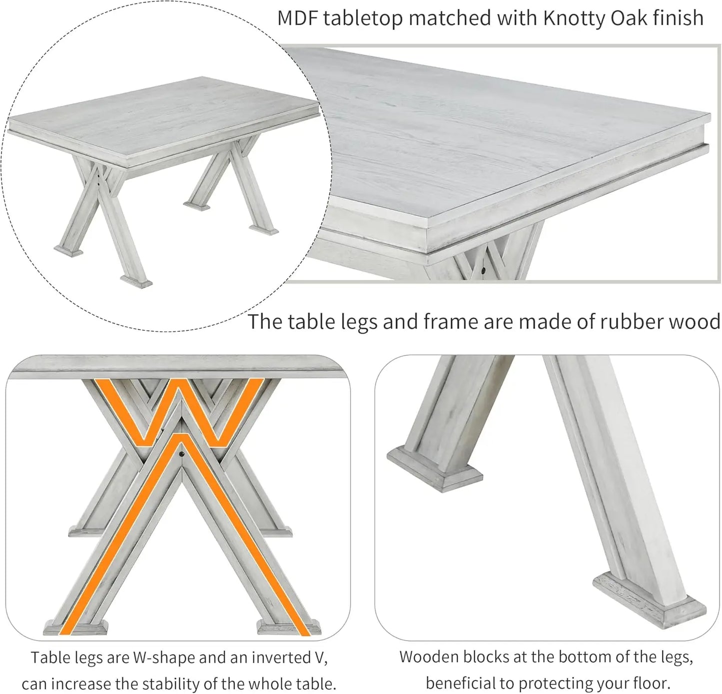 6 Pieces Dining Table Set with Bench, Rectangle Dining Table with 4 Upholstered Chairs & A Bench, Rubber Wood Dining Table Set