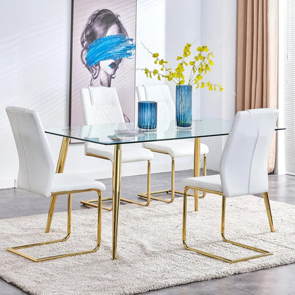 Glass Dining Table Set for 4,5 Piece Dining Table and Chairs Set，Modern Kitchen Dining Room Table with 4 Black PU Leather