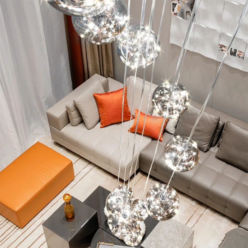 Modern Led Chandelier Glass Ball Dimmable for Staircase Living Room Pendant Lamps Home Decor Lighting Suspension Design Lusters