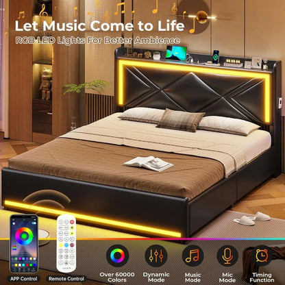 Bed Frame with Storage Headboard & 4 Drawers, Upholstered LED Bed Frame with Charging Station, Pu Leather Platform
