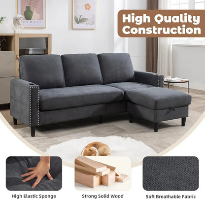 Convertible Sectional Couches for Living Room, L-Shaped Couch 3 Seats Sofas with Storage Chaise & 2 Cup Holders, Small Sofa