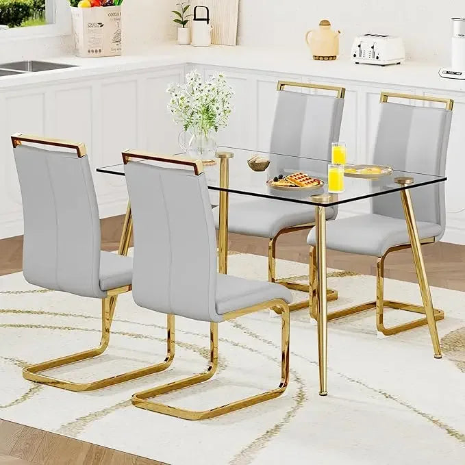Glass Dining Table Set for 4,5 Piece Dining Table and Chairs Set，Modern Kitchen Dining Room Table with 4 Black PU Leather