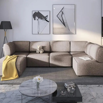 Modular Sectional Sofa with Chaise, Convertible Oversize L Shaped Couch with Reversible Ottoman,Linen 6 Seater Free Combination