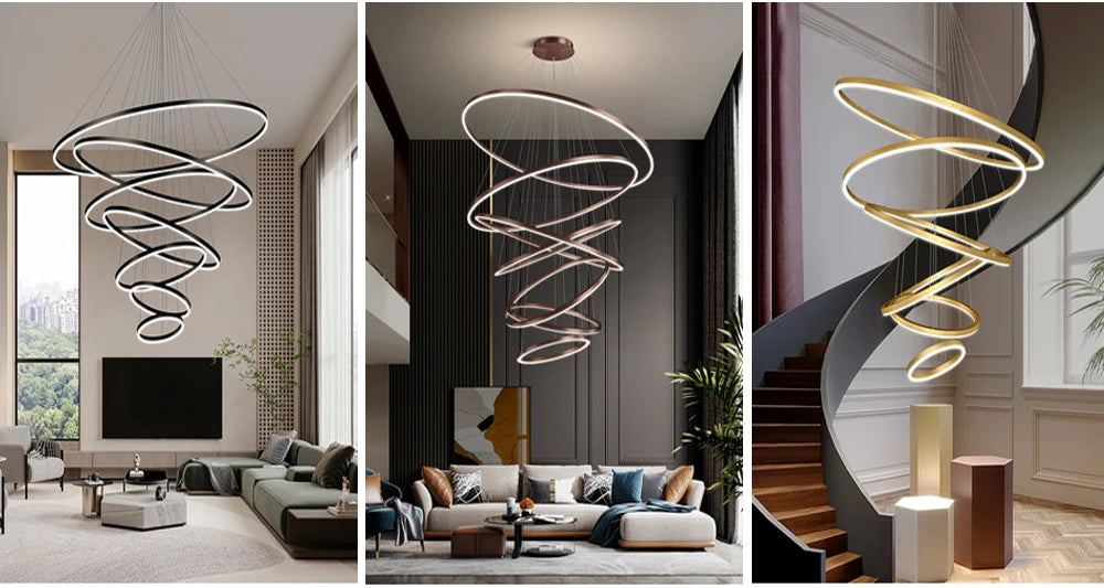 Modern LED pendant lights suitable for bedrooms, living rooms, and dining rooms. Circular ceiling chandelier, home lighting.