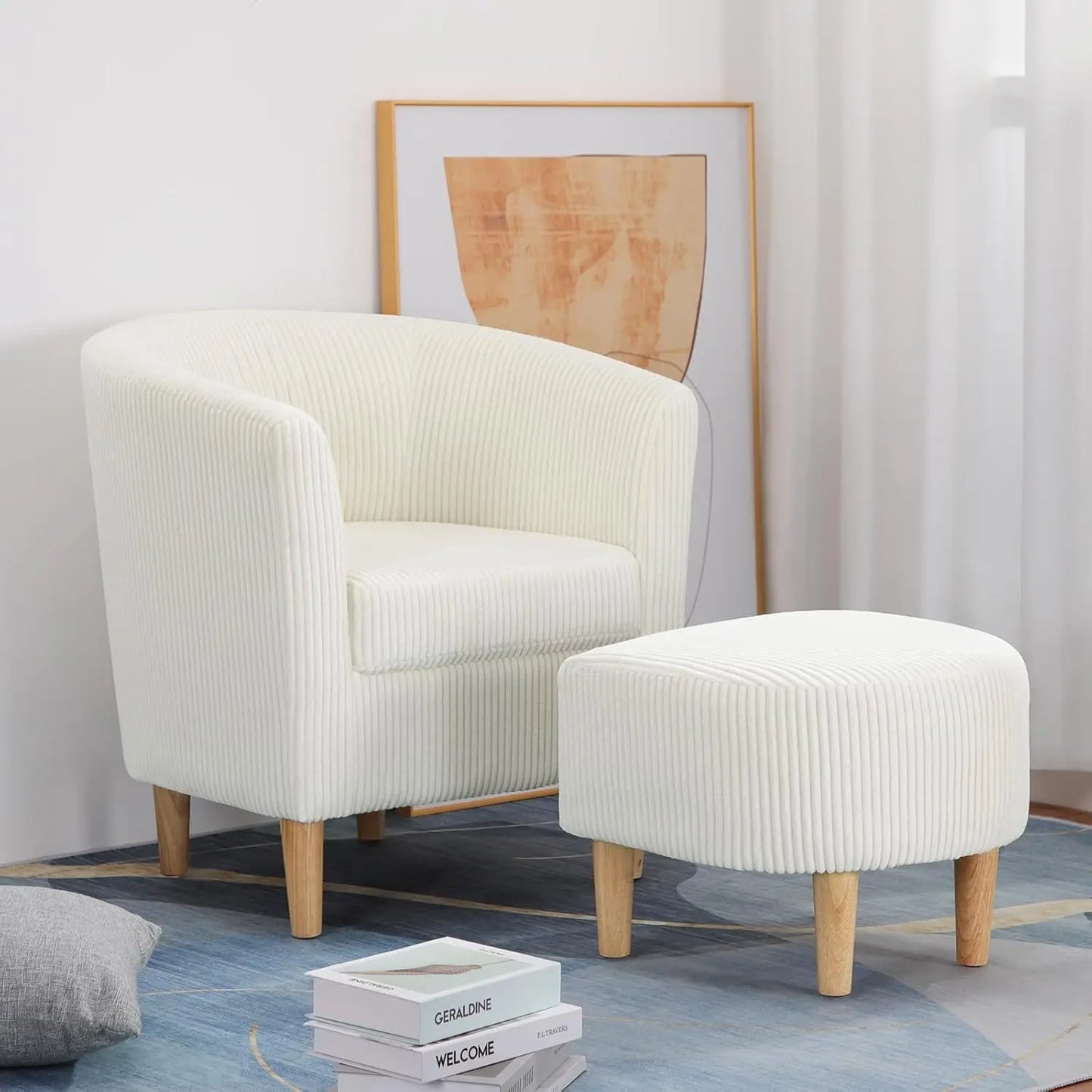 Accent Chair, Sherpa Chair White Fluffy Chair Teddy Barrel Chair with Ottoman Comfy ArmChair Footrest Set