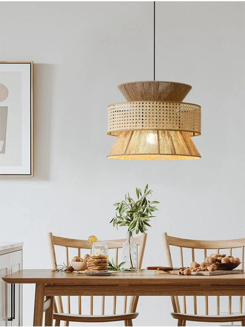 Vintage Wabi Sabi Chandelier Handmade Hemp Rope Pendant Light for Restaurant Bar Cafe Dining Room Led Rattan Lamp