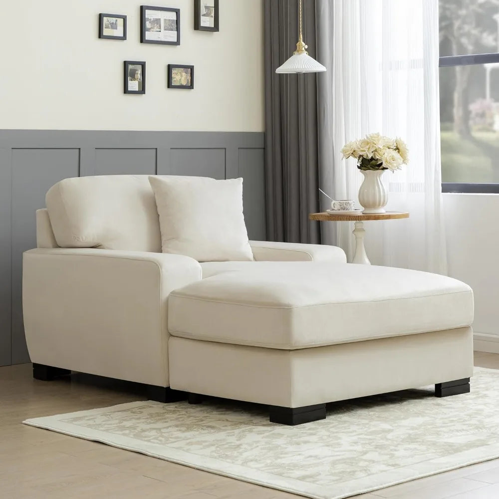 Modern Mid-Century Indoor Oversized Chaise Lounger Comfort Sleeper Sofa with Pillow and Soild Wood Legs, Velvet, Cream