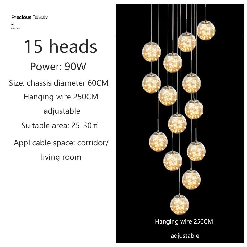 Modern Led Chandelier Glass Ball Dimmable for Staircase Living Room Pendant Lamps Home Decor Lighting Suspension Design Lusters