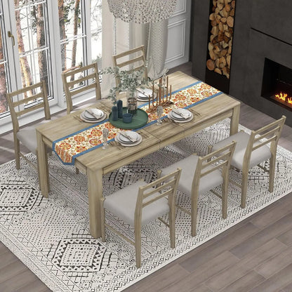 6 Pieces Dining Table Set with Bench, Rectangle Dining Table with 4 Upholstered Chairs & A Bench, Rubber Wood Dining Table Set
