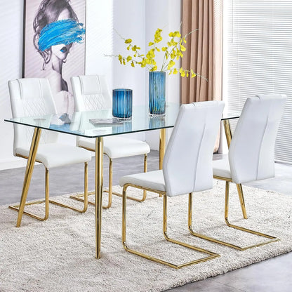 Glass Dining Table Set for 4,5 Piece Dining Table and Chairs Set，Modern Kitchen Dining Room Table with 4 Black PU Leather