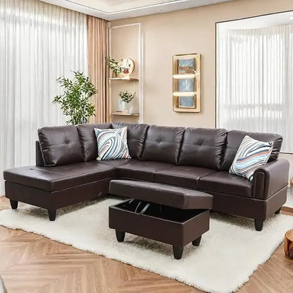 L Shaped Sectional Sofa Set with Storage Ottoman Reversible Back Cushion W/Cupholders, Wide Convertible Upholstered Couch