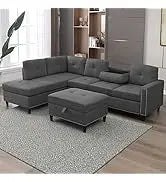 Modular Sectional Sofa with Chaise, Convertible Oversize L Shaped Couch with Reversible Ottoman,Linen 6 Seater Free Combination