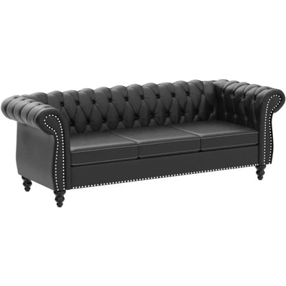 Chesterfield Sofa Leather for Living Room, 3 Seater Sofa Tufted Couch Faux Leather with Rolled Arms and Nailhead for Living Room