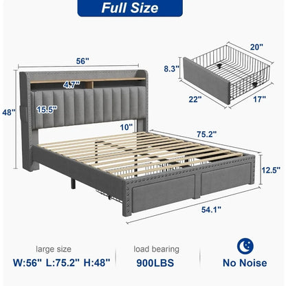 Queen Bed Frame with Headboard and Storage, Upholstered Queen Bed Frame with Storage, Queen Size Bed Frame with 2 Drawer