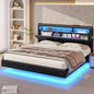 Queen Floating Frame RGB LED Lights ,USB-C/A Power Combo,Linen Upholstered Platform Bed with Storage Headboard