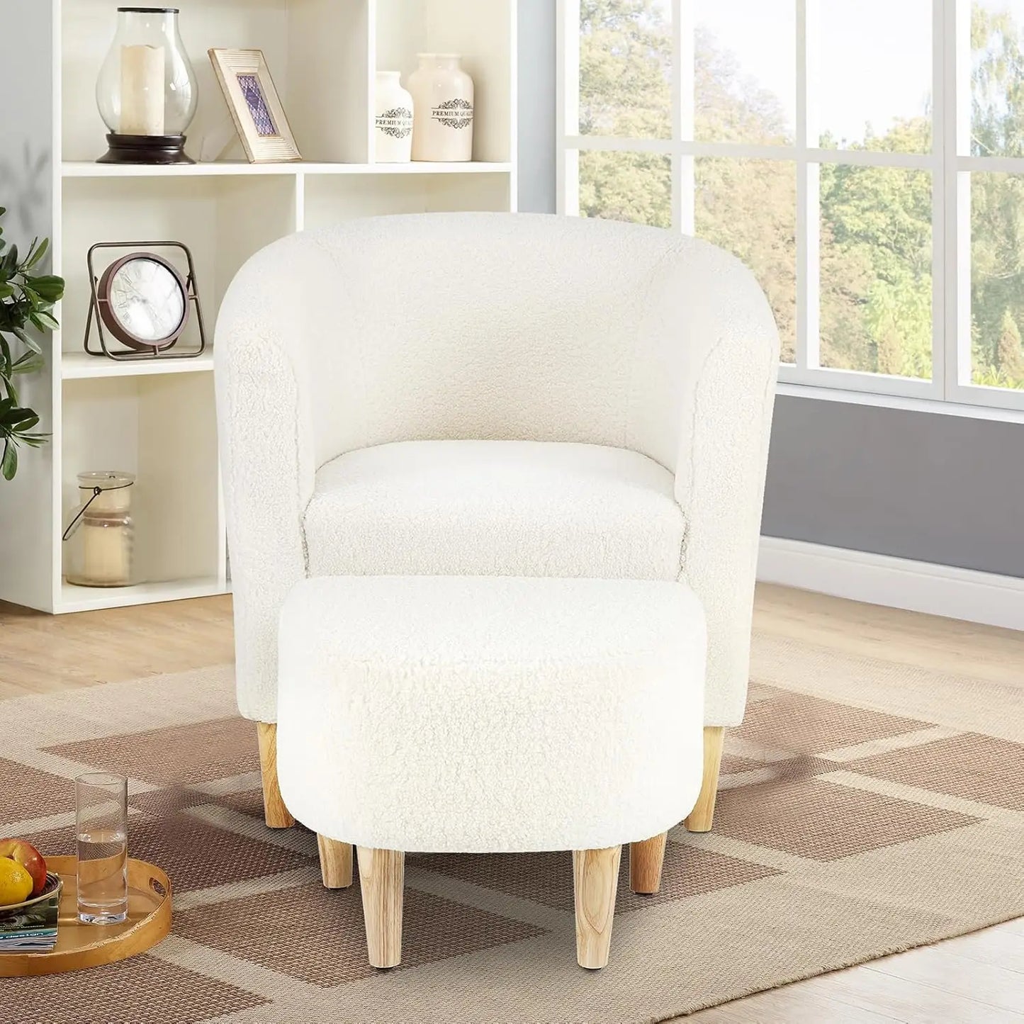 Accent Chair, Sherpa Chair White Fluffy Chair Teddy Barrel Chair with Ottoman Comfy ArmChair Footrest Set