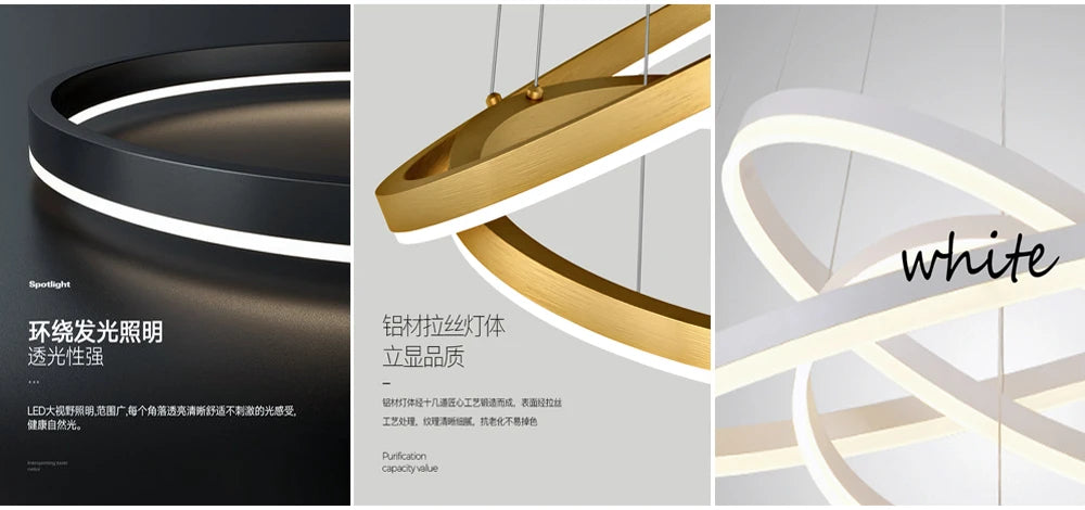 Modern LED pendant lights suitable for bedrooms, living rooms, and dining rooms. Circular ceiling chandelier, home lighting.
