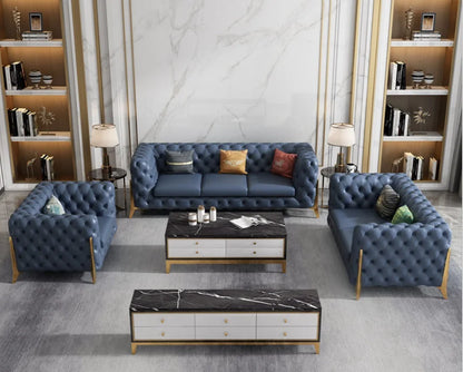 Home Furniture Chesterfield Design Royal Luxury Gold Foot Living Room Genuine Leather Velvet Sofa Set