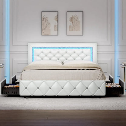 Queen Size Bed Frame with LED Lights, Upholstered Bed Frame with 4 Storage Drawers, with Diamond Headboard and Footboard