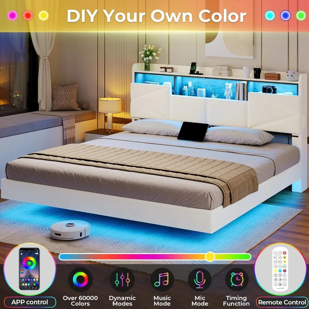 Bed Frame, with Storage Headboard and Power Outlet, Floating Platform Bed with LED Lights, Wood Slats Support, Bedroom Bed