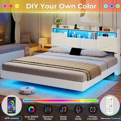 Bed Frame, with Storage Headboard and Power Outlet, Floating Platform Bed with LED Lights, Wood Slats Support, Bedroom Bed