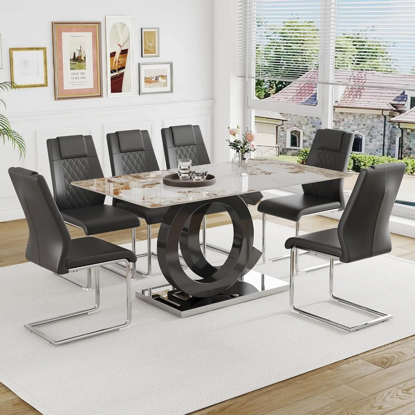 Dining Table Set for 6,Glass Table Top and MDF Base，Rectangular Dining Room Table with 6 PU Leather Upholstered Dining Chairs