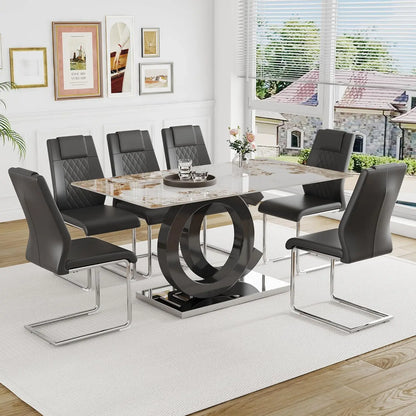 Dining Table Set for 6,Glass Table Top and MDF Base，Rectangular Dining Room Table with 6 PU Leather Upholstered Dining Chairs