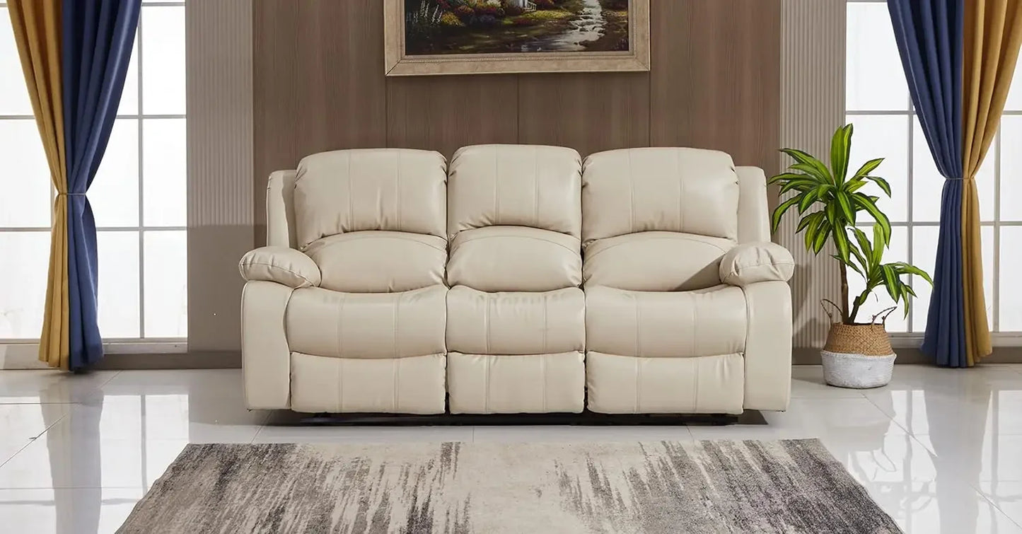 Power Reclining Bonded Leather Living Room Set Beige Sofa Loveseat Chair Easy Assembly Split Back Design