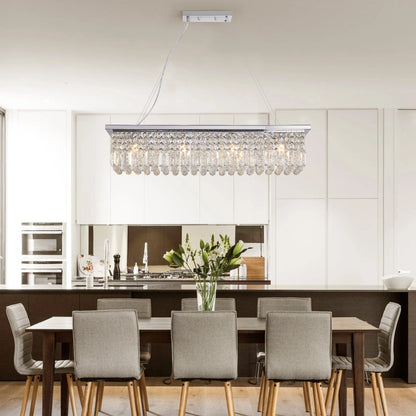 Modern Crystal Chandelier for Dining Room 8-Light  Rectangle Raindrop Chandelier Contemporary Rectangular Fixture Pendant Light