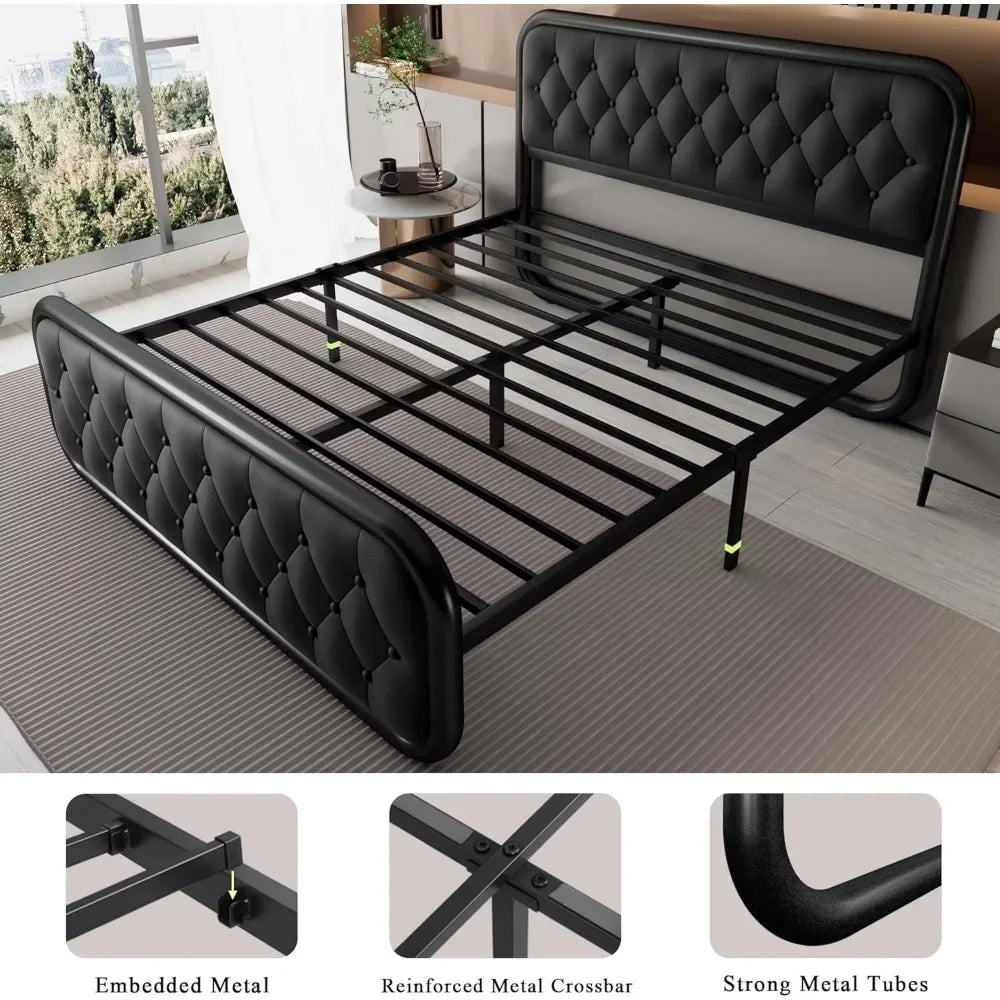 Heavy Duty Bed Frame with Faux Leather Headboard, Upholstered Platform Bed with Strong Metal Slats, 12" Under-Bed Storage