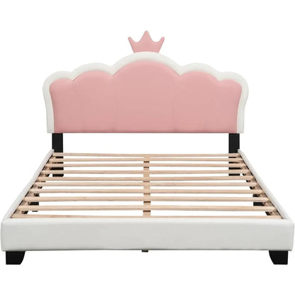 Full-Size Upholstered Princess Bed with Crown Headboard, Full Size Platform Bed with Headboard and Footboard Suitable for girls