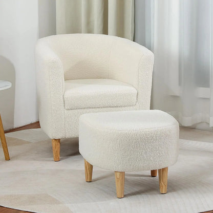 Accent Chair, Sherpa Chair White Fluffy Chair Teddy Barrel Chair with Ottoman Comfy ArmChair Footrest Set