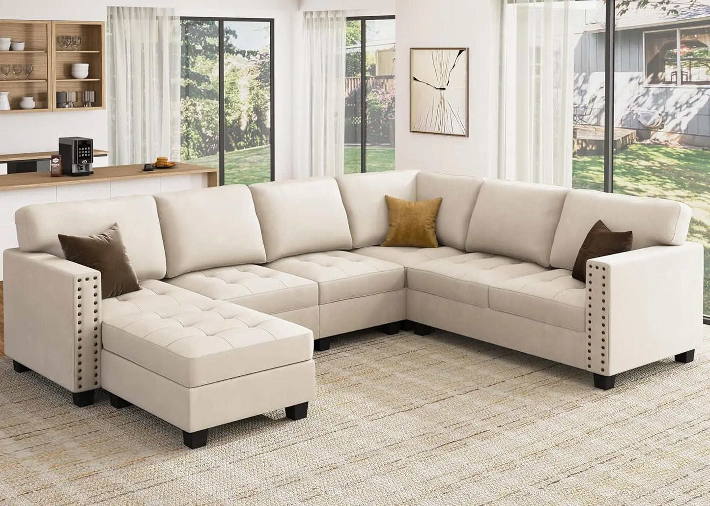 Velvet Modular Sectional Sofa, L Shaped Sofa Couch with Storage Top Tray Ottoman U Shape Sectional Couch for Living Room