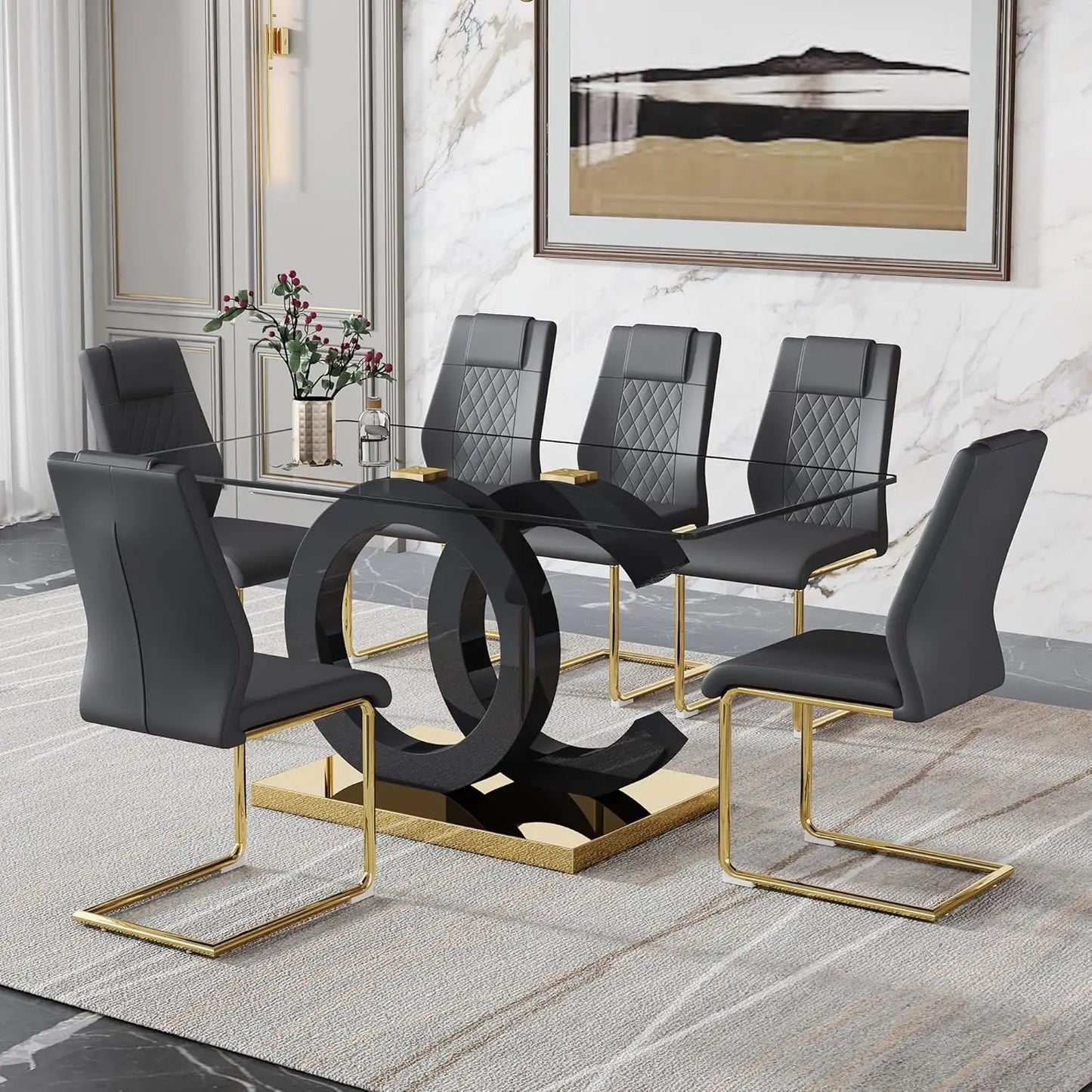 Dining Table Set for 6,Glass Table Top and MDF Base，Rectangular Dining Room Table with 6 PU Leather Upholstered Dining Chairs