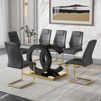 Dining Table Set for 6,Glass Table Top and MDF Base，Rectangular Dining Room Table with 6 PU Leather Upholstered Dining Chairs