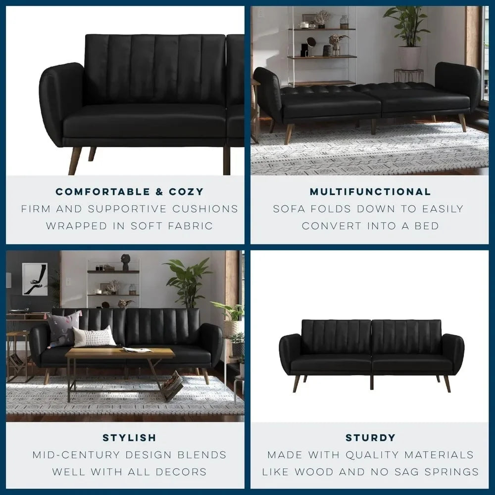 Brittany Futon Sofa Bed and Couch Sleeper, Black Faux Leather